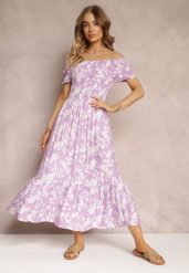 Fioletowa Rozkloszowana Sukienka Maxi z Hiszpańskim Dekoltem w Kwiaty Zevana. Fioletowe sukienki damskie Renee, bez wzorów, bez ramiączek. Za 69.99 zł.