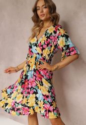 Czarno-Żółta Rozkloszowana Sukienka Mini z Kopertową Górą i Gumką w Talii z Wiskozy Elidi. Żółte sukienki damskie Renee, z aplikacjami, z wiskozy, eleganckie, bez ramiączek. W wyprzedaży za 55.99 zł.