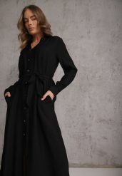 Czarna Sukienka z Wiskozą o Koszulowym Kroju z Wiązanym Paskiem Rissanni. Czarne sukienki damskie Renee, bez wzorów, z wiskozy, eleganckie, bez ramiączek. Za 99.99 zł.