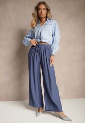 Granatowe Spodnie o Szerokim Kroju High Waist z Wiązaniem Fenalin. Niebieskie spodnie materiałowe damskie Renee, bez wzorów, z jeansu. Za 44.99 zł.