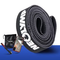 Długie taśmy fitness z tkaniny – poziom oporu 5, taśmy treningowe z torbą. Czarne torby sportowe NEOLYMP, bez wzorów, ze skóry. Za 101.99 zł.