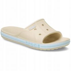 Klapki Dla Dorosłych Crocs Bayaband Slide. Białe klapki damskie Crocs, bez wzorów, z materiału, bez obcasa, bez zapięcia. Za 119.99 zł.
