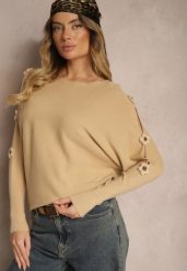 Ciemnobeżowy Sweter z Wiskozą Ozdobiony Wycięciami na Rękawach Evathia. Brązowe swetry klasyczne damskie Renee, z jeansu, bez kołnierzyka. Za 79.99 zł.