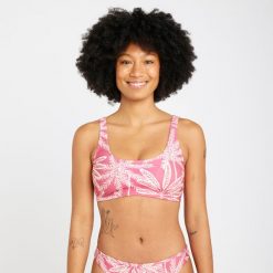 Góra kostiumu kąpielowego surfingowego damska Olaian Aurely Palmer. Czerwone bikini OLAIAN, bez wzorów, z elastanu. W wyprzedaży za 39.99 zł.