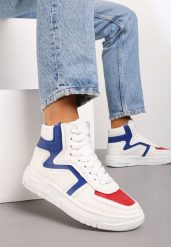 Biało-Niebieskie Płaskie Sznurowane Sneakersy z Cholewką za Kostkę Targia. Białe obuwie sportowe damskie Born2be, z materiału, za kostkę, bez zapięcia. Za 49.99 zł.