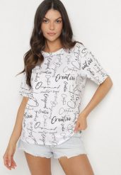 Biały T-shirt Oversize z Bawełny Zdobiony Nadrukiem Sinelra. Białe t-shirty damskie Born2be, m, z aplikacjami, z bawełny, bez kołnierzyka. Za 39.99 zł.
