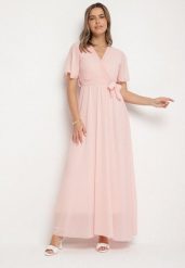 Jasnoróżowa Kopertowa Sukienka z Gumką w Pasie i Plisowaną Górą Davitri. Czerwone sukienki damskie Born2be, bez wzorów, bez ramiączek. Za 149.99 zł.