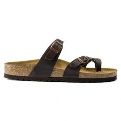 Japonki damskie BIRKENSTOCK MAYARI LEOI. Brązowe klapki damskie Birkenstock, bez wzorów, bez obcasa, bez zapięcia. Za 449.99 zł.