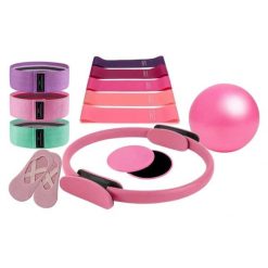Kompletny zestaw Pilates fitness: obręcz, gumy, ślizgi, piłka i skarpety. Czerwone skarpetki damskie SPORTENZIA, bez wzorów, z bawełny. Za 397.99 zł.