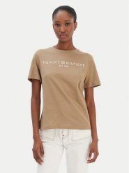 Tommy Hilfiger T-Shirt Logo WW0WW40276 Beżowy Regular Fit. Brązowe t-shirty damskie Tommy Hilfiger, xxs, bez wzorów, z bawełny, bez kołnierzyka. Za 169.99 zł.