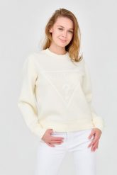 GUESS Damska bluza w kolorze ecru z dużym logo. Białe bluzy damskie Guess, s, z aplikacjami, z wiskozy, bez kaptura. W wyprzedaży za 303.99 zł.