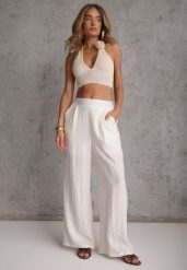 Beżowe Szerokie Spodnie Casual High Waist ze Strukturalnej Tkaniny Hyrarpia. Brązowe spodnie materiałowe damskie Renee, bez wzorów, z jeansu. Za 89.99 zł.
