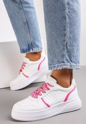 Biało-Różowe Sneakersy na Grubej Podeszwie z Ozdobnymi Wstawkami i Sznurowadłami Elliette. Białe obuwie sportowe damskie Renee, bez zapięcia. Za 99.99 zł.