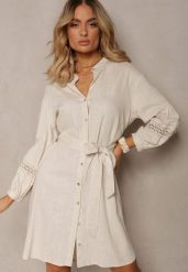Beżowa Sukienka Koszula z Haftowanym Rękawem Wiązana w Pasie Passacalia. Brązowe koszule damskie Renee, l, bez wzorów, z materiału, eleganckie, bez kołnierzyka, bez ramiączek. Za 159.99 zł.