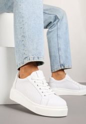 Białe Skórzane Sneakersy na Grubej Podeszwie z Perforacją i Aplikacją Neowenia. Białe obuwie sportowe damskie Born2be, z jeansu, bez zapięcia. Za 119.99 zł.