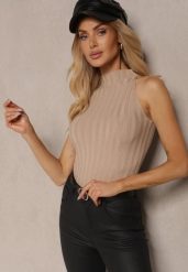 Beżowy Top z Golfem i Wiskozą z Prążkowanego Materiału Lilithea. Brązowe golfy damskie Renee, m, bez wzorów, z jeansu, bez ramiączek. Za 69.99 zł.