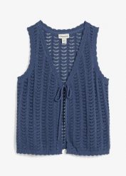 Kamizelka dzianinowa w ażurowy wzór. Niebieskie kamizelki damskie bonprix, w ażurowe wzory, z dzianiny, bez kaptura. Za 47.99 zł.
