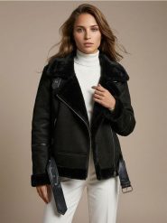 Kurtka ramoneska z kożuszkiem z imitacji zamszu - czarny. Czarne kurtki damskie Sinsay, l, bez wzorów, bez kaptura. Za 139.99 zł.