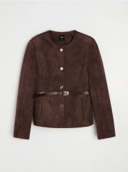 Żakiet slim fit z ozdobnymi guzikami i paskiem - brązowy. Brązowe marynarki i żakiety damskie Sinsay, l, bez wzorów. Za 79.99 zł.