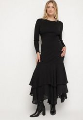 Czarna Sukienka z Wiskozą o Dopasowanym Kroju z Falbanami u Dołu Vebmara. Czarne sukienki damskie Born2be, bez wzorów, z materiału, eleganckie, bez ramiączek. Za 169.99 zł.