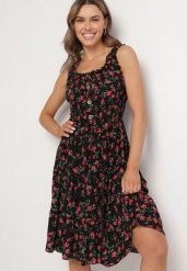 Czarna Sukienka Rozkloszowana na Ramiączkach w Kwiaty Tallio. Czarne sukienki damskie Born2be, bez wzorów, z jeansu, eleganckie, bez ramiączek. Za 69.99 zł.
