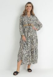 Szara Sukienka Maxi w Cętki z Gumą w Pasie i Plecionym Paskiem z Klamrą Anandra. Szare sukienki damskie Born2be, bez wzorów, z gumy, bez ramiączek. W wyprzedaży za 135.99 zł.