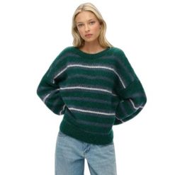 Sweter w paski z miękkiej dzianiny dla kobiet Superdry. Zielone swetry klasyczne damskie Superdry, na zimę, z dzianiny, bez kołnierzyka. Za 288.40 zł.