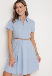 Niebieska Bawełniana Sukienka Koszulowa z Paseczkiem Wenilise. Niebieskie sukienki damskie Born2be, bez wzorów, z bawełny, eleganckie, bez ramiączek. Za 129.99 zł.