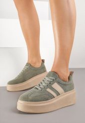 Zielone Sneakersy Kultowe Tenisówki na Platformie z Koturnem Elisara. Zielone obuwie sportowe damskie Born2be, bez wzorów, z jeansu, bez zapięcia. Za 119.99 zł.