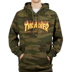 Bluza z kapturem Thrasher Flame Logo Hoodie Camo. Zielone bluzy damskie Thrasher, bez wzorów, z kapturem. Za 289.00 zł.