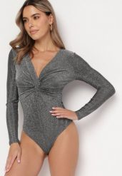 Srebrne Brokatowe Body z Głębokim Dekoltem Tialeta. Szare body i gorsety Born2be, bez wzorów, z tkaniny. Za 89.99 zł.