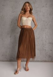 Brązowa Plisowana Spódnica Koktajlowa z Tiulowej Siateczki Aratylia. Brązowe spódnice damskie Renee, na randkę, bez wzorów, z tiulu, eleganckie, midi. Za 69.99 zł.