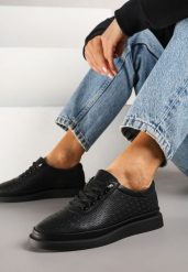 Czarne Sneakersy Skórzane z Perforacją i Ozdobą Neorielina. Czarne obuwie sportowe damskie Renee, bez zapięcia. Za 119.99 zł.