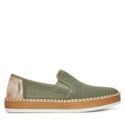 Espadryle Rieker. Zielone espadryle damskie Rieker, bez wzorów, bez obcasa, na płaskiej podeszwie. Za 319.99 zł.