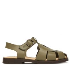 Sandały Fly London. Zielone sandały damskie Fly London, bez wzorów, bez obcasa, na płaskiej podeszwie, bez zapięcia. Za 459.99 zł.