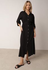 Czarna Bawełniana Sukienka Koszulowa w Stylu Safari z Wiązanym Paskiem Atusea. Czarne sukienki damskie Born2be, bez wzorów, z bawełny, casualowe, bez ramiączek. Za 159.99 zł.