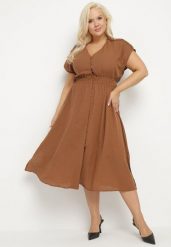 Brązowa Lniana Sukienka o Rozkloszowanym Kroju z Gumką w Talii Ageronna. Brązowe sukienki damskie Born2be, bez wzorów, eleganckie, bez ramiączek. W wyprzedaży za 127.49 zł.