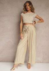 Beżowe Wiskozowe Spodnie High Waist o Szerokim Kroju Aranisa. Brązowe spodnie materiałowe damskie Renee, z aplikacjami, z jeansu. Za 59.99 zł.