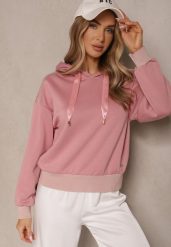 Różowa Bluza z Kapturem Ozdobiona Ściągaczami i Metaliczną Nitką Ulisiela. Czerwone bluzy damskie Renee, l, bez wzorów, z jeansu, z kapturem. Za 69.99 zł.