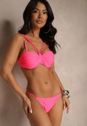 Różowe Bikini Majtki Typu Figi i Biustonosz z Ozdobnymi Paskami Fadelinna. Czerwone bikini Renee, bez wzorów. Za 54.99 zł.