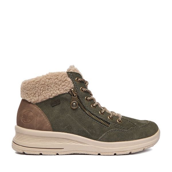 Trzewiki Rieker. Zielone botki damskie Rieker, bez obcasa, na płaskiej podeszwie, bez zapięcia. Za 289.99 zł.