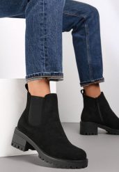 Czarne Botki na Słupku Ruiha. Czarne botki damskie Renee, z jeansu, eleganckie, bez obcasa, na płaskiej podeszwie, bez zapięcia. Za 129.99 zł.