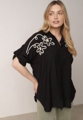 Czarna Nietoperzowa Koszula z Wiskozy z Haftem i Podpinanymi Rękawami Jilyla. Czarne koszule damskie Born2be, l, z aplikacjami, z materiału, biznesowe, bez kołnierzyka, bez ramiączek. Za 89.99 zł.