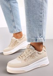 Beżowe Sneakersy Zdobione Wstawką Lerijane. Brązowe obuwie sportowe damskie Renee, z koronki, bez zapięcia. Za 69.99 zł.