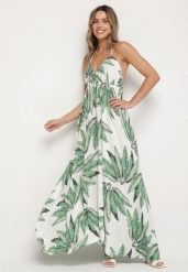 Zielona Wiskozowa Sukienka z Motywem Liści Siloressa. Zielone sukienki damskie Born2be, bez wzorów, z wiskozy, eleganckie, bez ramiączek. W wyprzedaży za 110.49 zł.