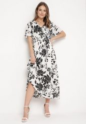 Biało-Czarna Sukienka Długa z Kopertową Górą w Kwiatowy Print Solmare. Białe sukienki damskie Born2be, bez wzorów, eleganckie, bez ramiączek. Za 79.99 zł.