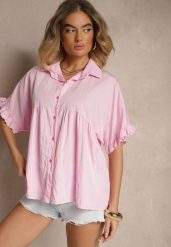 Różowa Koszula z Wiskozą Ozdobiona Falbankami Oleldi. Czerwone koszule damskie Renee, bez wzorów, z jeansu, eleganckie, bez kołnierzyka, bez ramiączek. Za 54.99 zł.