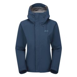 Kurtka przeciwdeszczowa damska Rab Women's Downpour Jacket z kapturem. Niebieskie kurtki damskie RAB, s, bez wzorów, z kapturem. Za 471.99 zł.