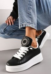 Czarne Sneakersy na Platformie z Cyrkoniami na Szerokim Języku Esirel. Czarne obuwie sportowe damskie Renee, z materiału, bez zapięcia. Za 119.99 zł.