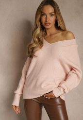 Jasnoróżowy Sweter z Dodatkiem Kaszmiru i Trójkątnym Dekoltem Silefera. Czerwone swetry klasyczne damskie Renee, z jeansu, bez kołnierzyka. Za 99.99 zł.